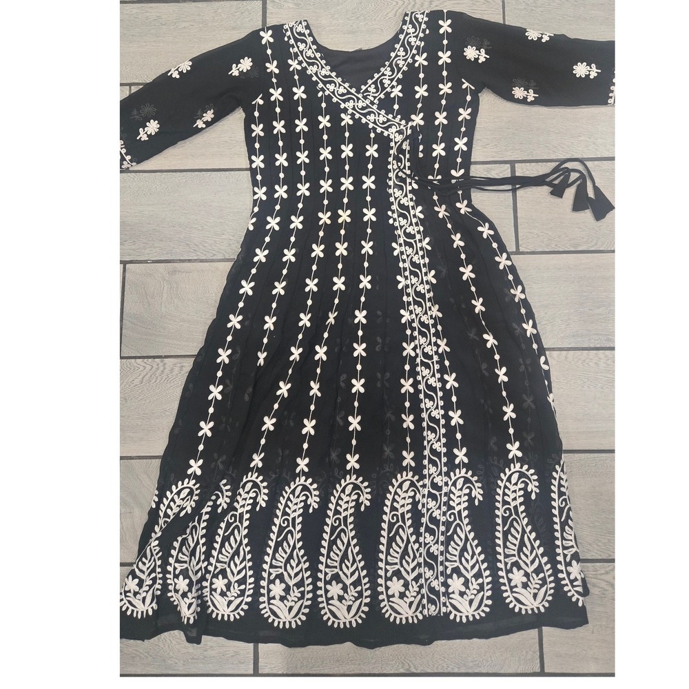 Black Sheer Embroidered Chikankari Wrap Dress Size M